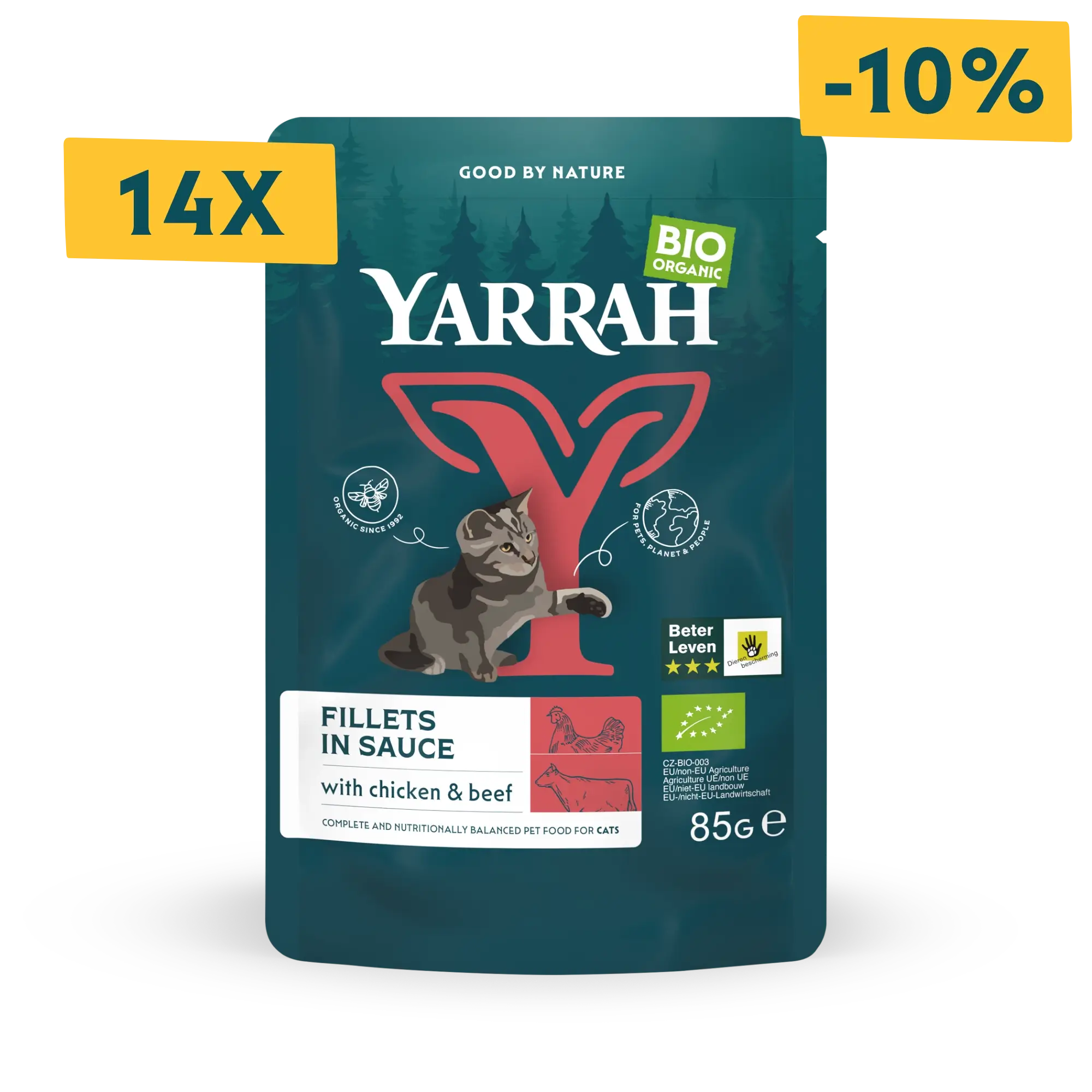 Organic cat food fillets with beef in sauce