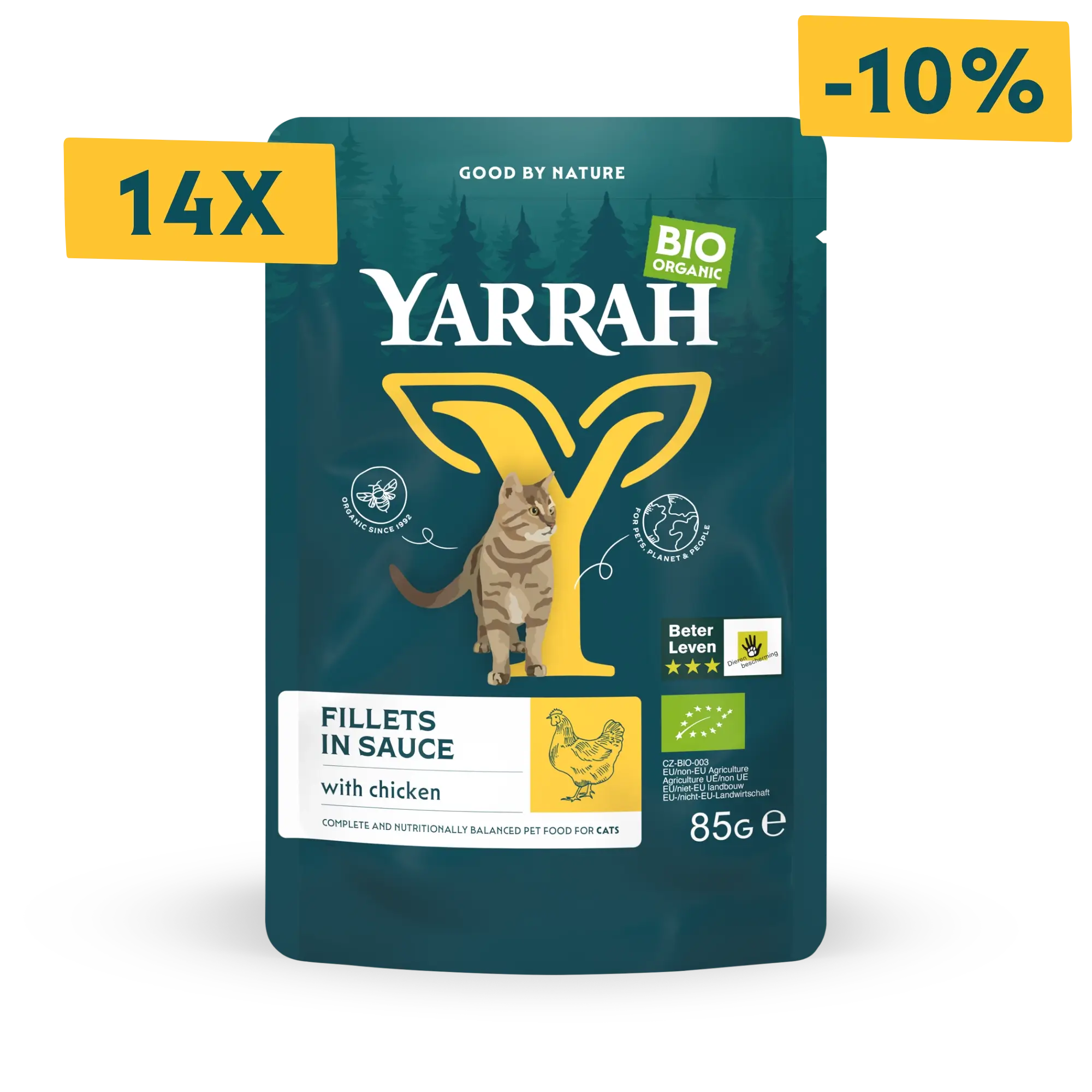 Organic cat food fillets with chicken in sauce