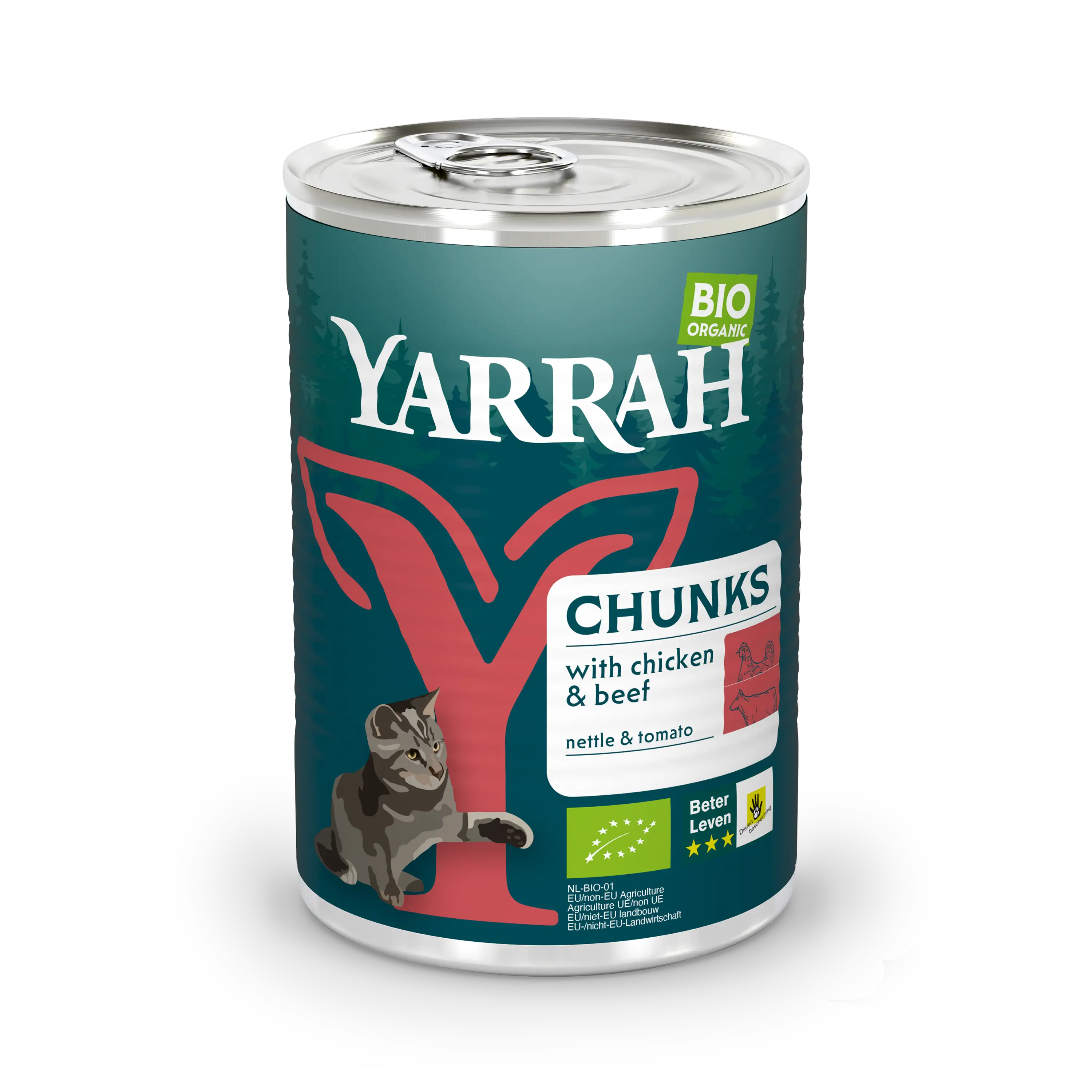 Organic cat food chunks with chicken and beef Yarrah organic cat food chunks with beef in can