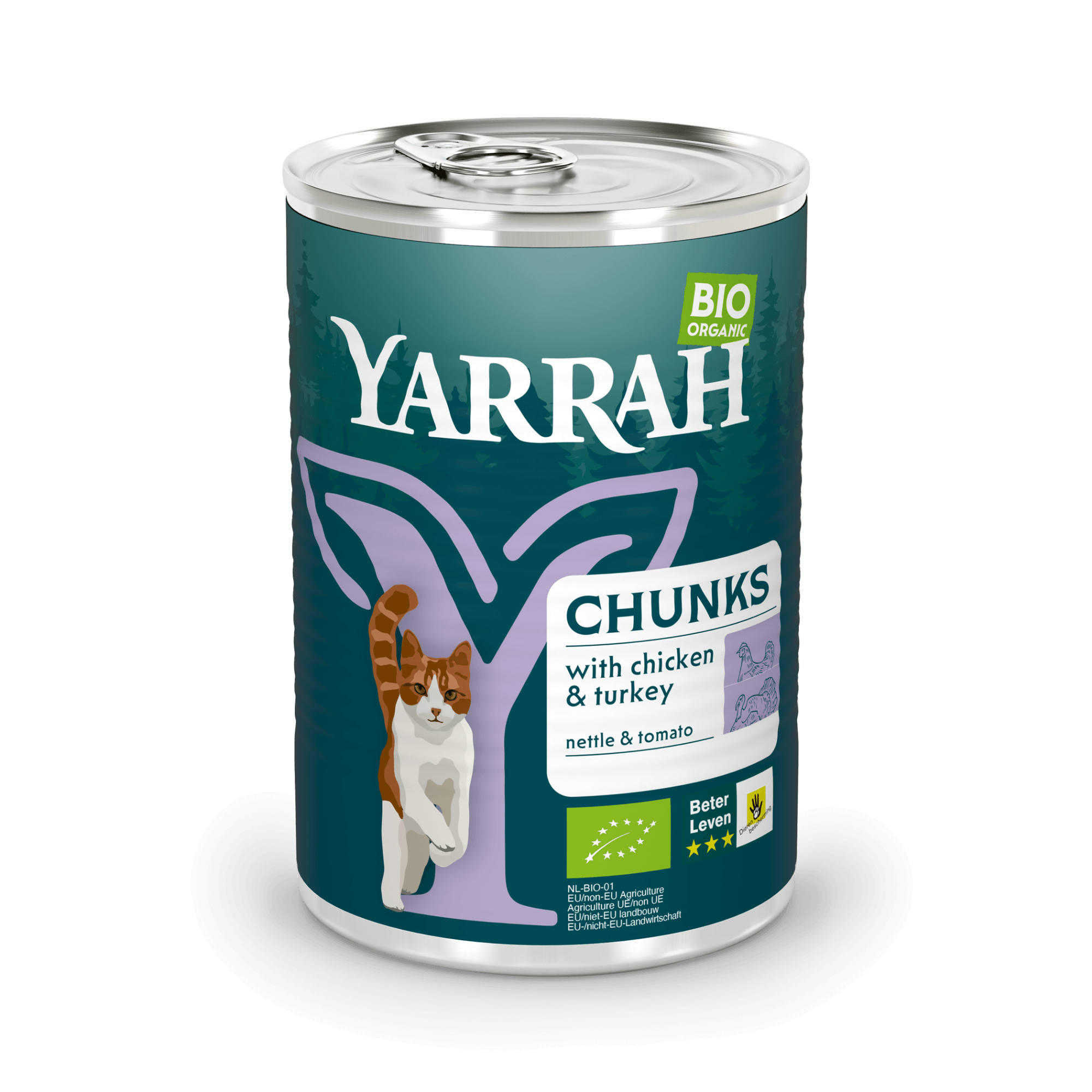 Organic cat food chunks with chicken and turkey