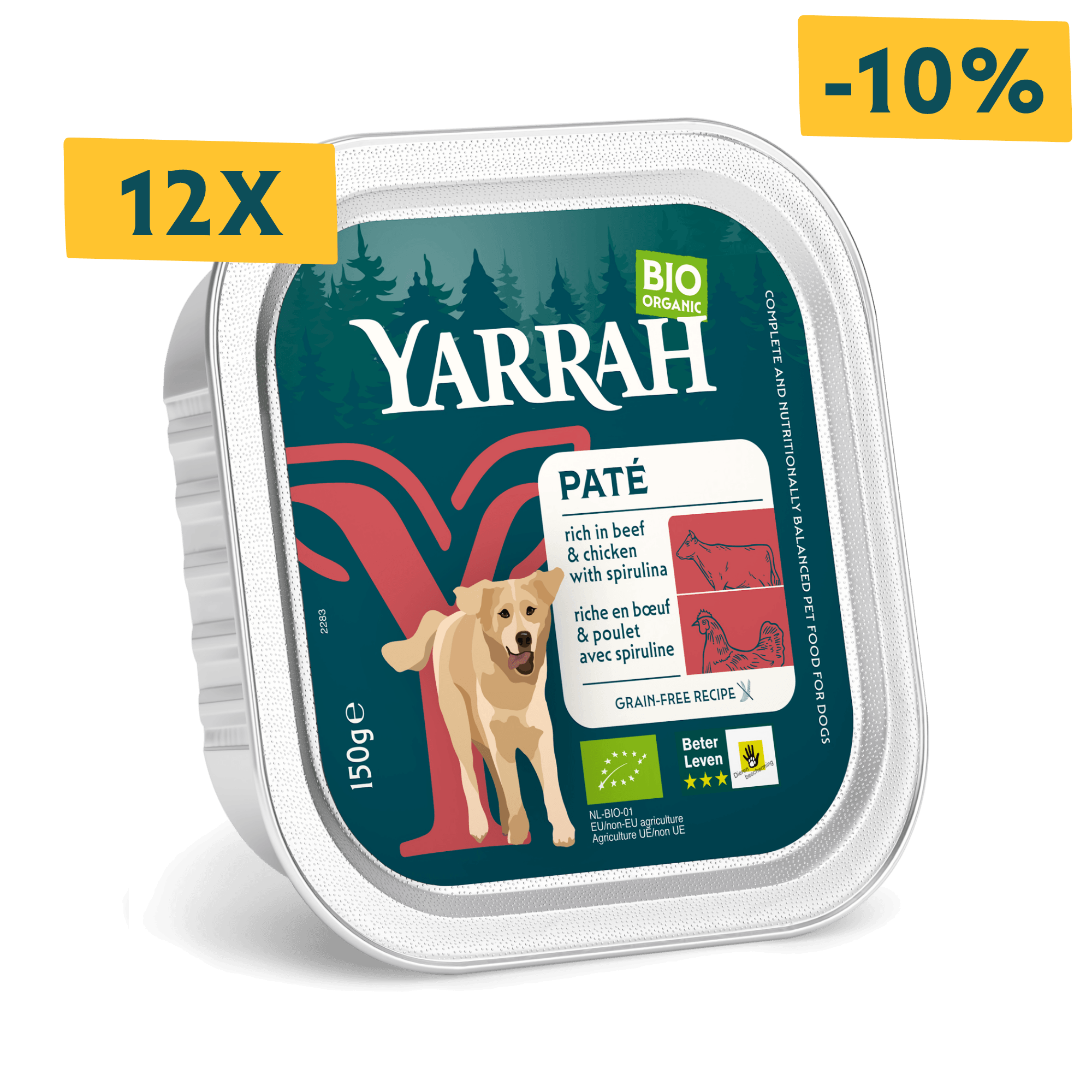 Organic dog food pâté with beef and chicken