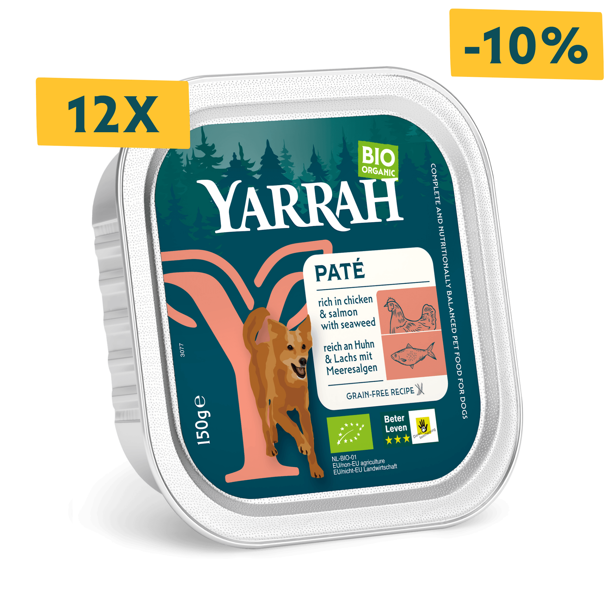 Organic dog food pâté with chicken and salmon